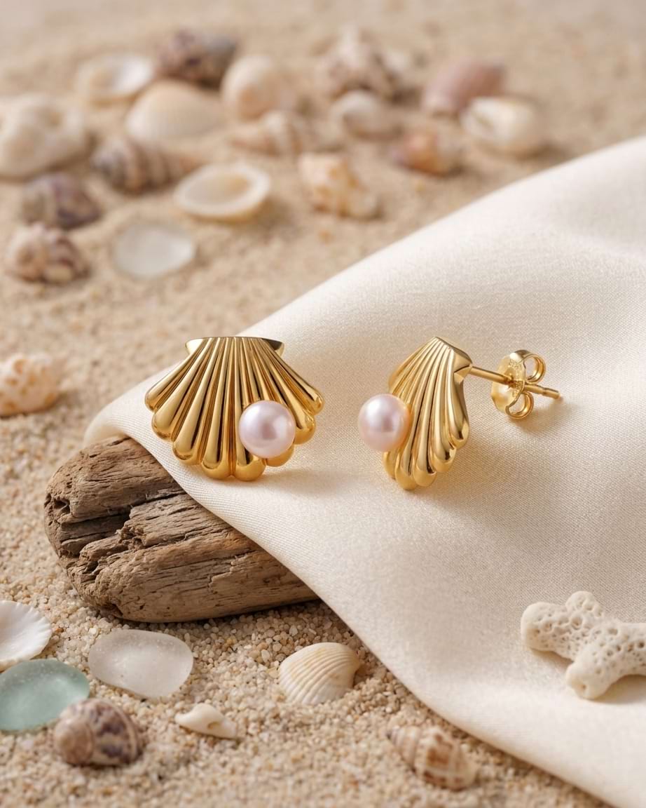 Gold shell-shaped stud earrings with a single white pearl, displayed on a cream fabric runner over a sandy beach-themed background with seashells and driftwood.