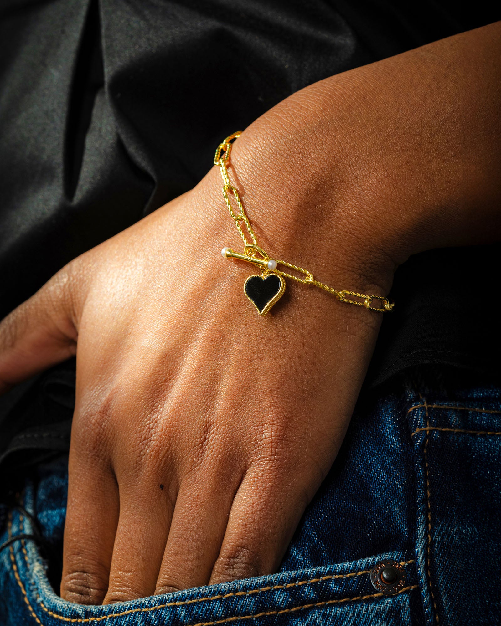 Onyx & Pearl Heart Charm Chain Bracelet