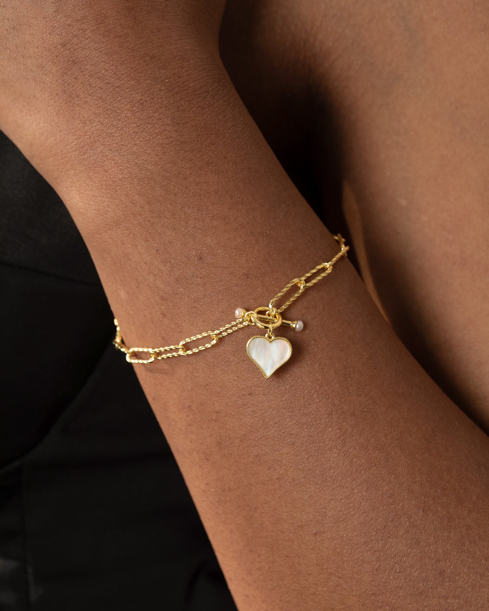 Onyx & Pearl Heart Charm Chain Bracelet