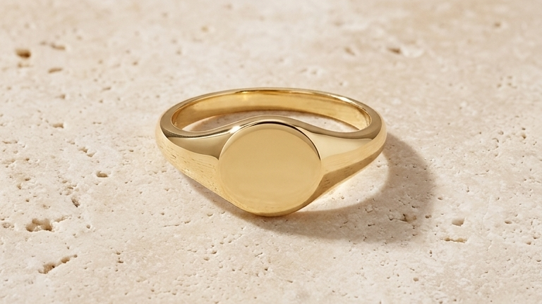 Gold ring on a textured beige surface