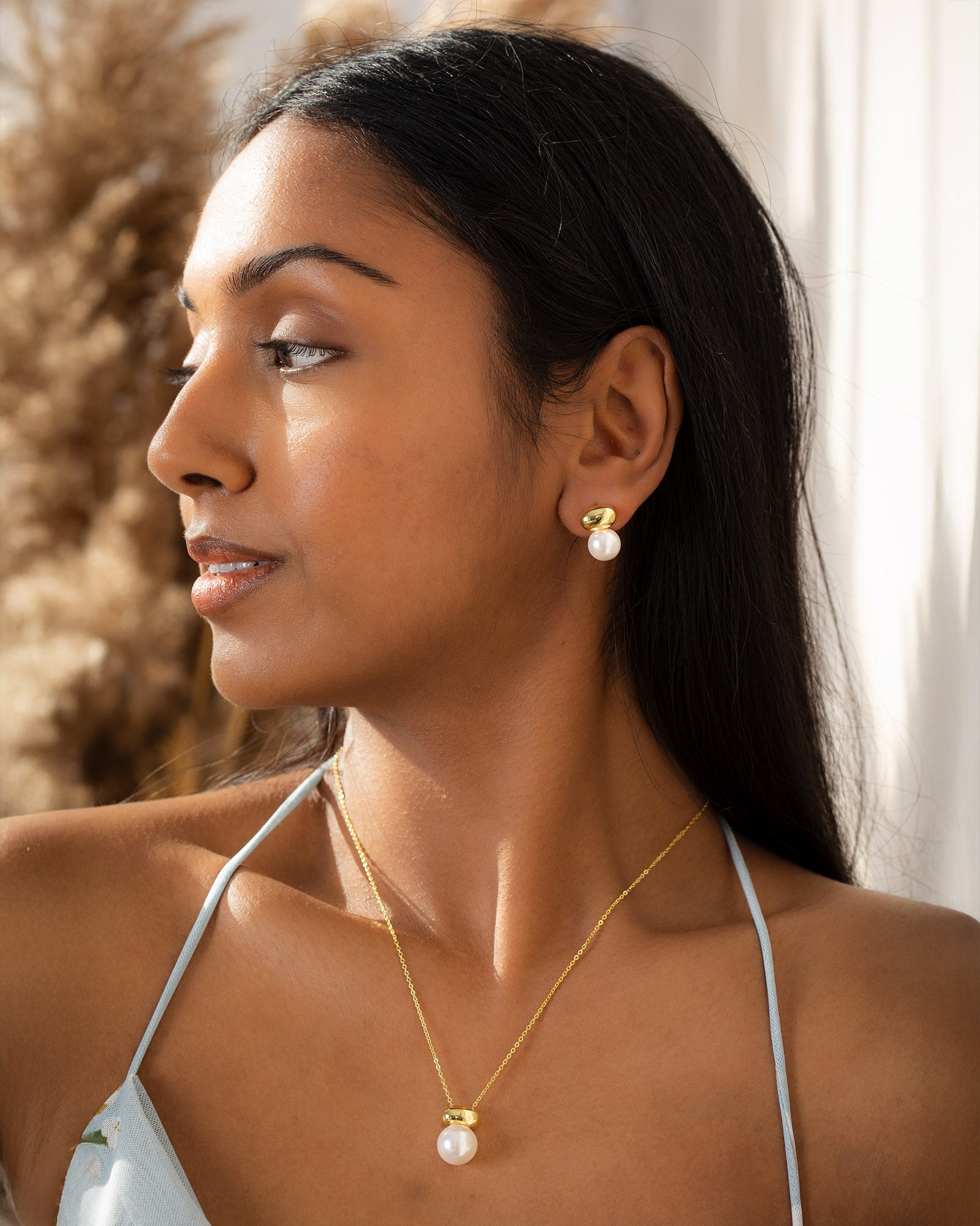 Gold Pearl Duo Stud Earrings