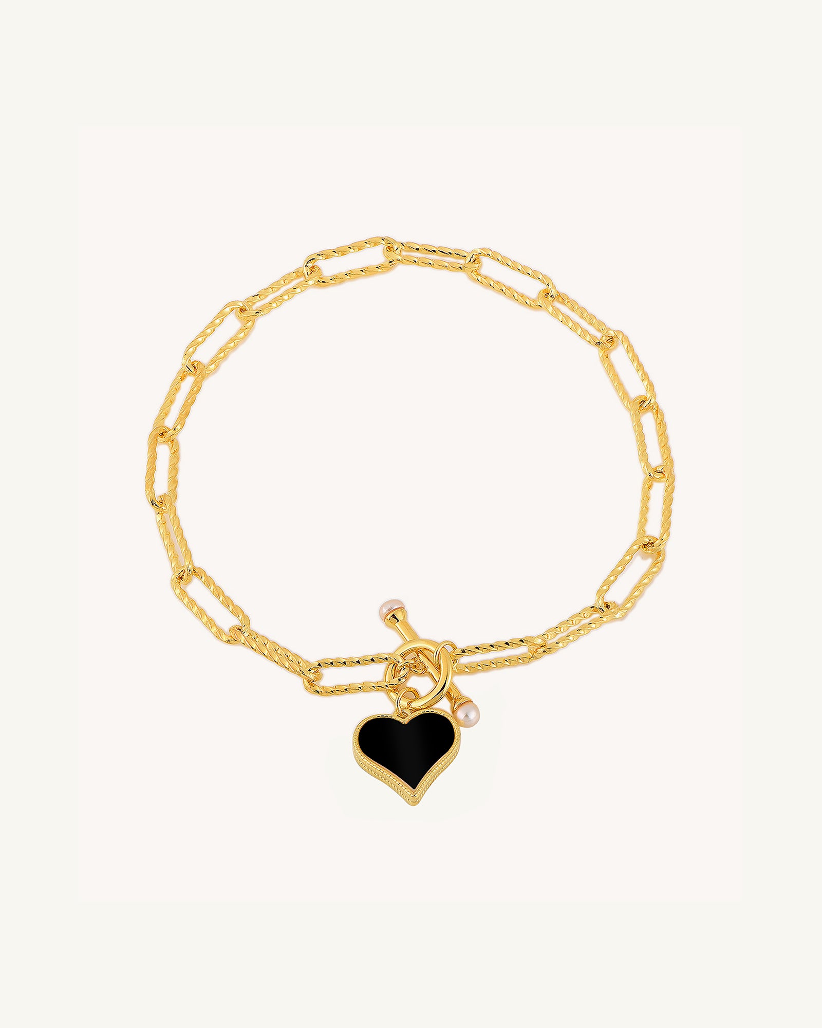 Onyx & Pearl Heart Charm Chain Bracelet