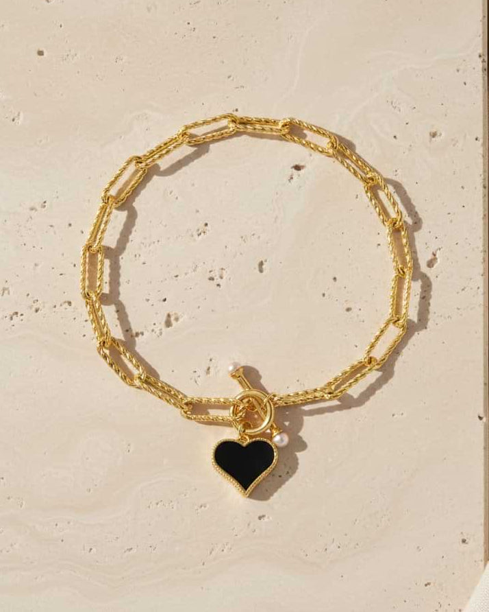 Onyx & Pearl Heart Charm Chain Bracelet