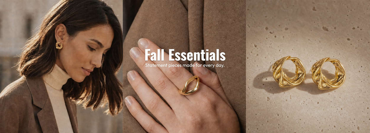 A three-panel promotional image showcasing gold jewelry. The left panel shows a woman wearing a gold earring and a brown blazer, with the text 'FALL ESSENTIALS'